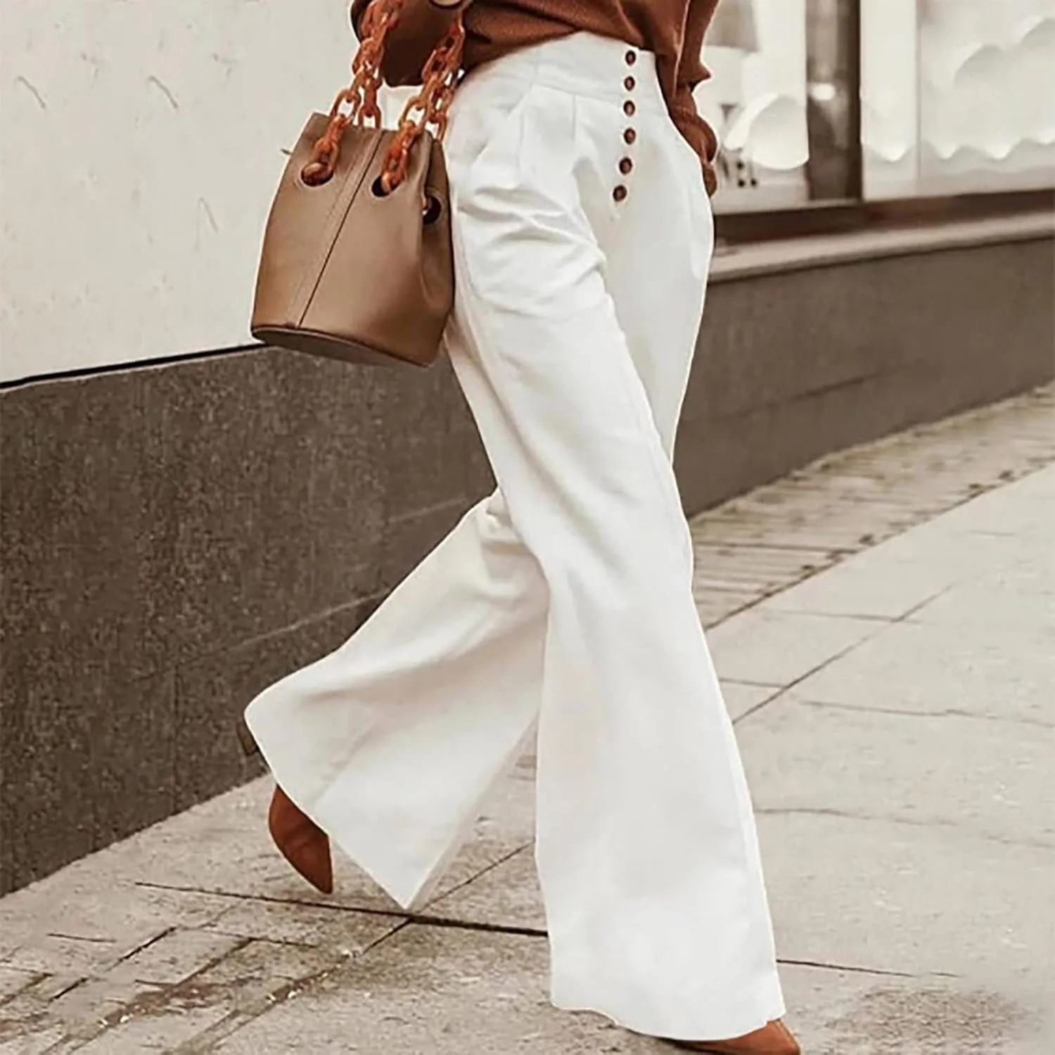2023 Women High Waist Button Wide Leg Long Pants Dressy Casual Trendy Loose Trouser Pant Lounge Spring Summer Trousers