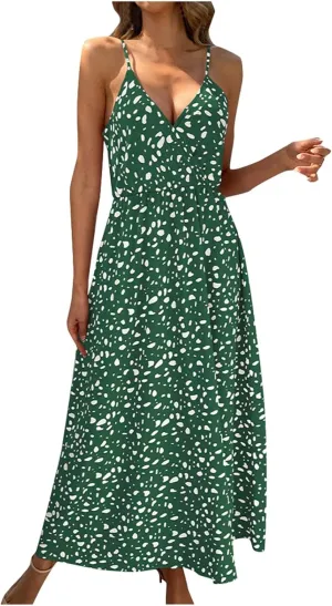 2025 Bohemian Floral Print Dress for Women Summer V Neck Spaghetti Strap Sleeveless Flowy Beach Maxi Dresses