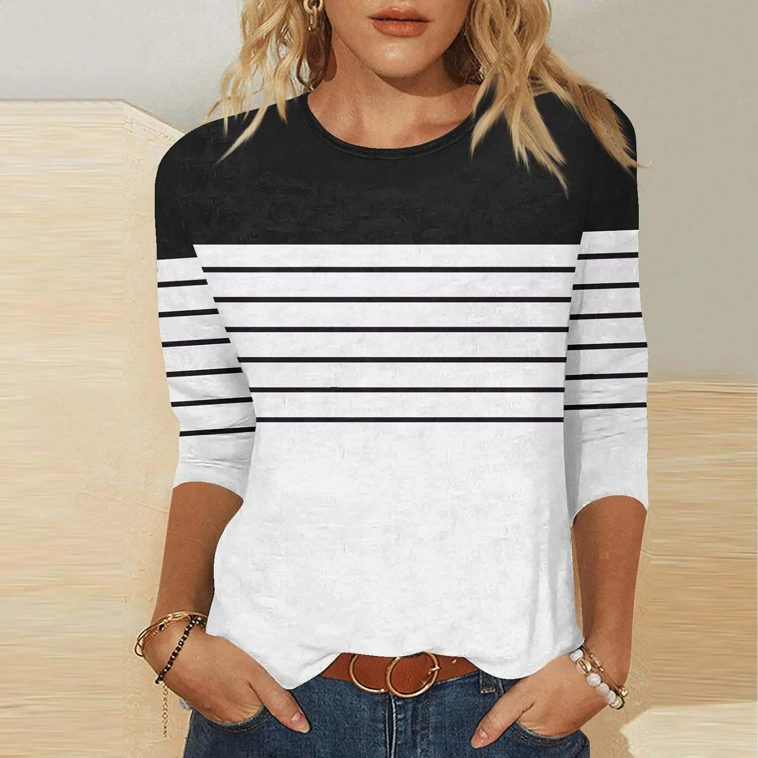 3/4 Length Sleeve Womens Tops Summer Three Quarter Striped Shirts Plus Size Trendy Casual Loose Fit Soft Blouse Tees