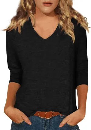 3/4 Sleeve Tops for Women,Casual Summer T Shirts Trendy V Neck Lightweight Soft Plain Tee Loose Fit Tunic Blouse
