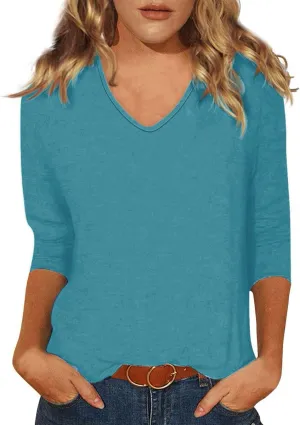 3/4 Sleeve Tops for Women,Casual Summer T Shirts Trendy V Neck Lightweight Soft Plain Tee Loose Fit Tunic Blouse