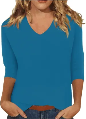 3/4 Sleeve Tops for Women,Casual Summer T Shirts Trendy V Neck Lightweight Soft Plain Tee Loose Fit Tunic Blouse