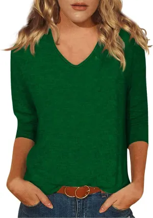 3/4 Sleeve Tops for Women,Casual Summer T Shirts Trendy V Neck Lightweight Soft Plain Tee Loose Fit Tunic Blouse