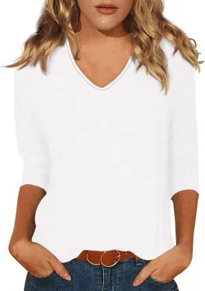 3/4 Sleeve Tops for Women,Casual Summer T Shirts Trendy V Neck Lightweight Soft Plain Tee Loose Fit Tunic Blouse