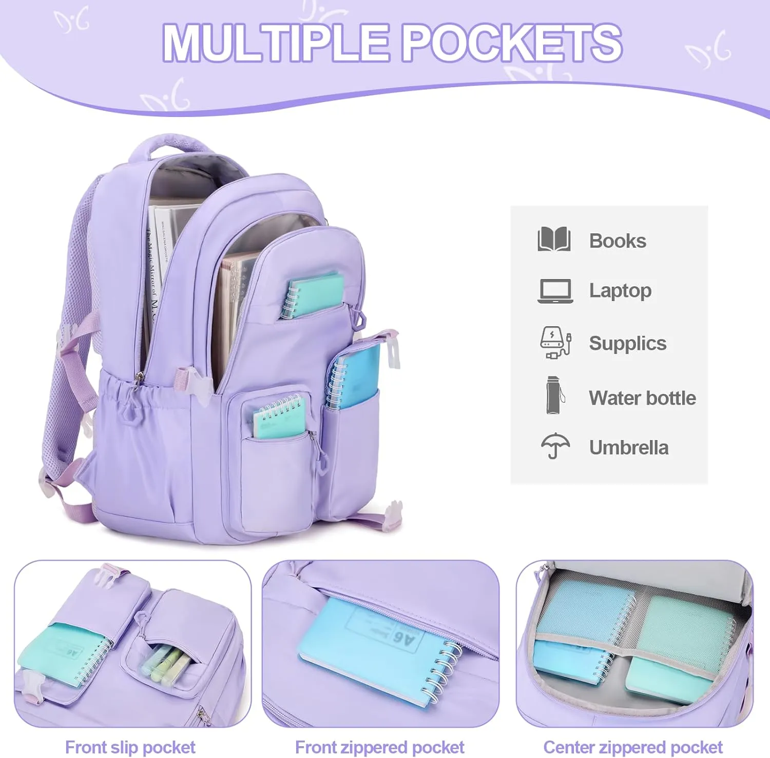 3PCS Girls Backpack for School, Kids Backpack for Girls with Lunch Bag Pencil Case, Kids Bookbag Teen Girl Backpacks for Elementary Middle High College School (Purple)
