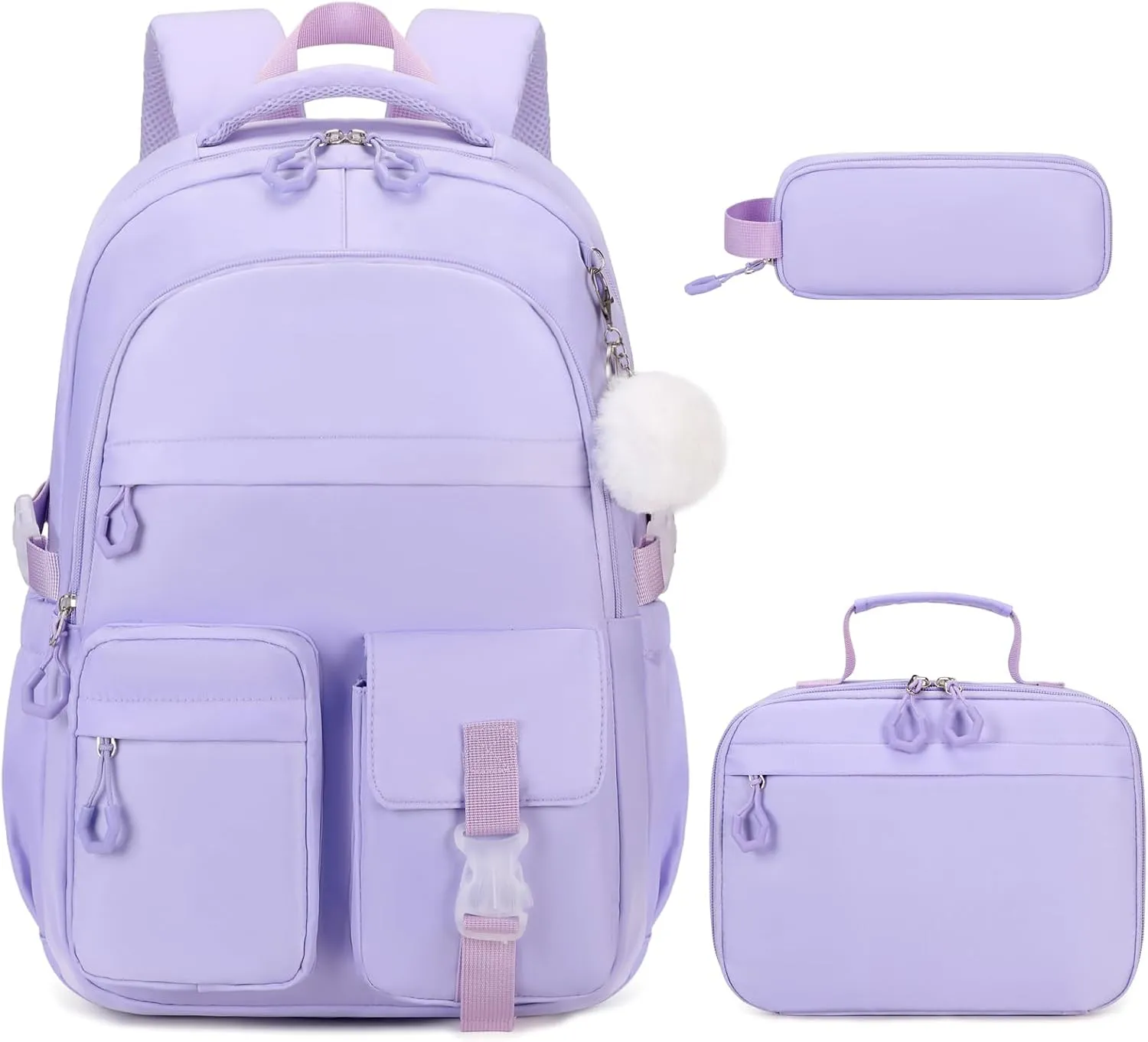3PCS Girls Backpack for School, Kids Backpack for Girls with Lunch Bag Pencil Case, Kids Bookbag Teen Girl Backpacks for Elementary Middle High College School (Purple)