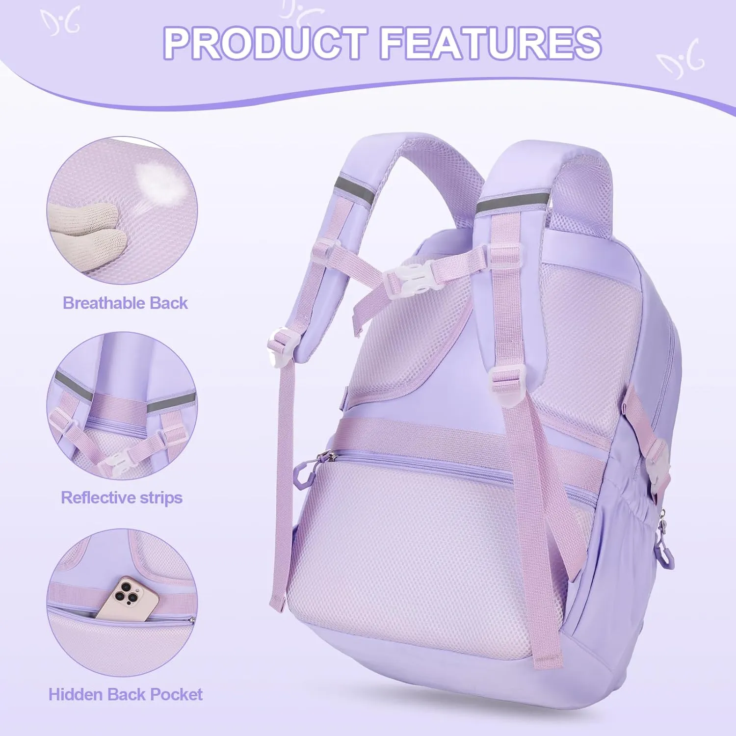 3PCS Girls Backpack for School, Kids Backpack for Girls with Lunch Bag Pencil Case, Kids Bookbag Teen Girl Backpacks for Elementary Middle High College School (Purple)