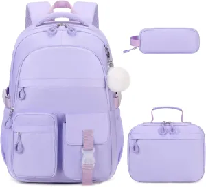 3PCS Girls Backpack for School, Kids Backpack for Girls with Lunch Bag Pencil Case, Kids Bookbag Teen Girl Backpacks for Elementary Middle High College School (Purple)