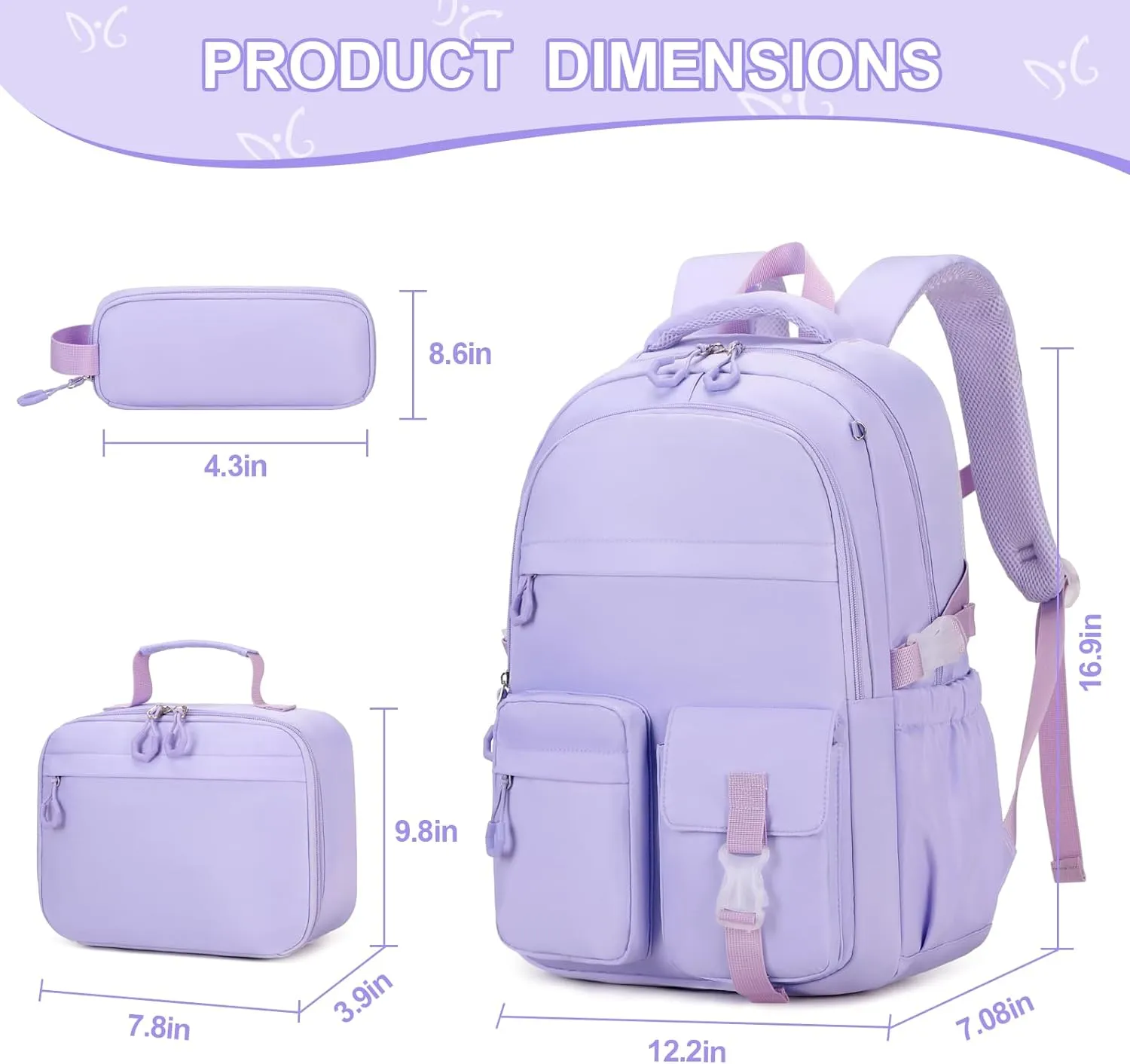 3PCS Girls Backpack for School, Kids Backpack for Girls with Lunch Bag Pencil Case, Kids Bookbag Teen Girl Backpacks for Elementary Middle High College School (Purple)