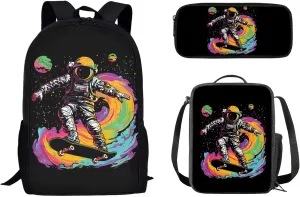 3PCS Travel Backpack Set, Includes Lunch Bag Pencil Case Boys School Backpacks Travel Rucksack Book Bag Big Capacity Shoulder Bag for Girls Teens, Colorful Astronaut