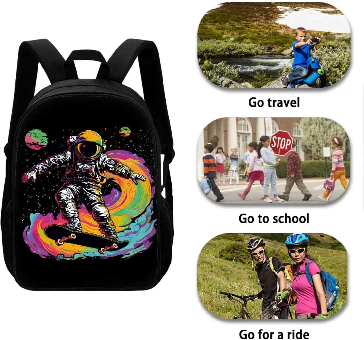 3PCS Travel Backpack Set, Includes Lunch Bag Pencil Case Boys School Backpacks Travel Rucksack Book Bag Big Capacity Shoulder Bag for Girls Teens, Colorful Astronaut