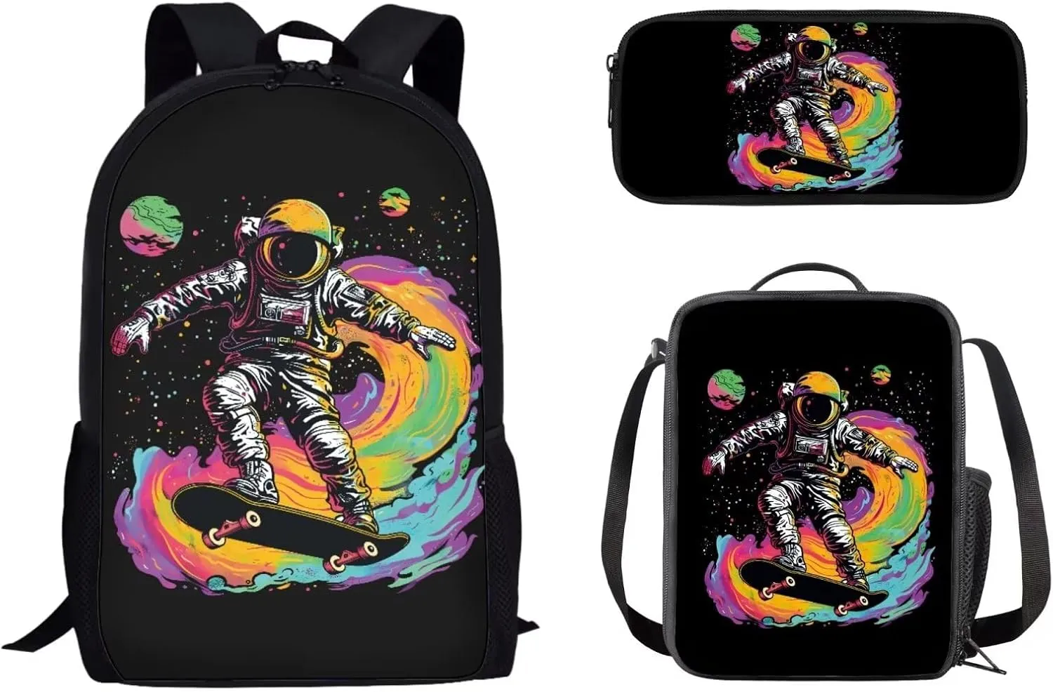 3PCS Travel Backpack Set, Includes Lunch Bag Pencil Case Boys School Backpacks Travel Rucksack Book Bag Big Capacity Shoulder Bag for Girls Teens, Colorful Astronaut