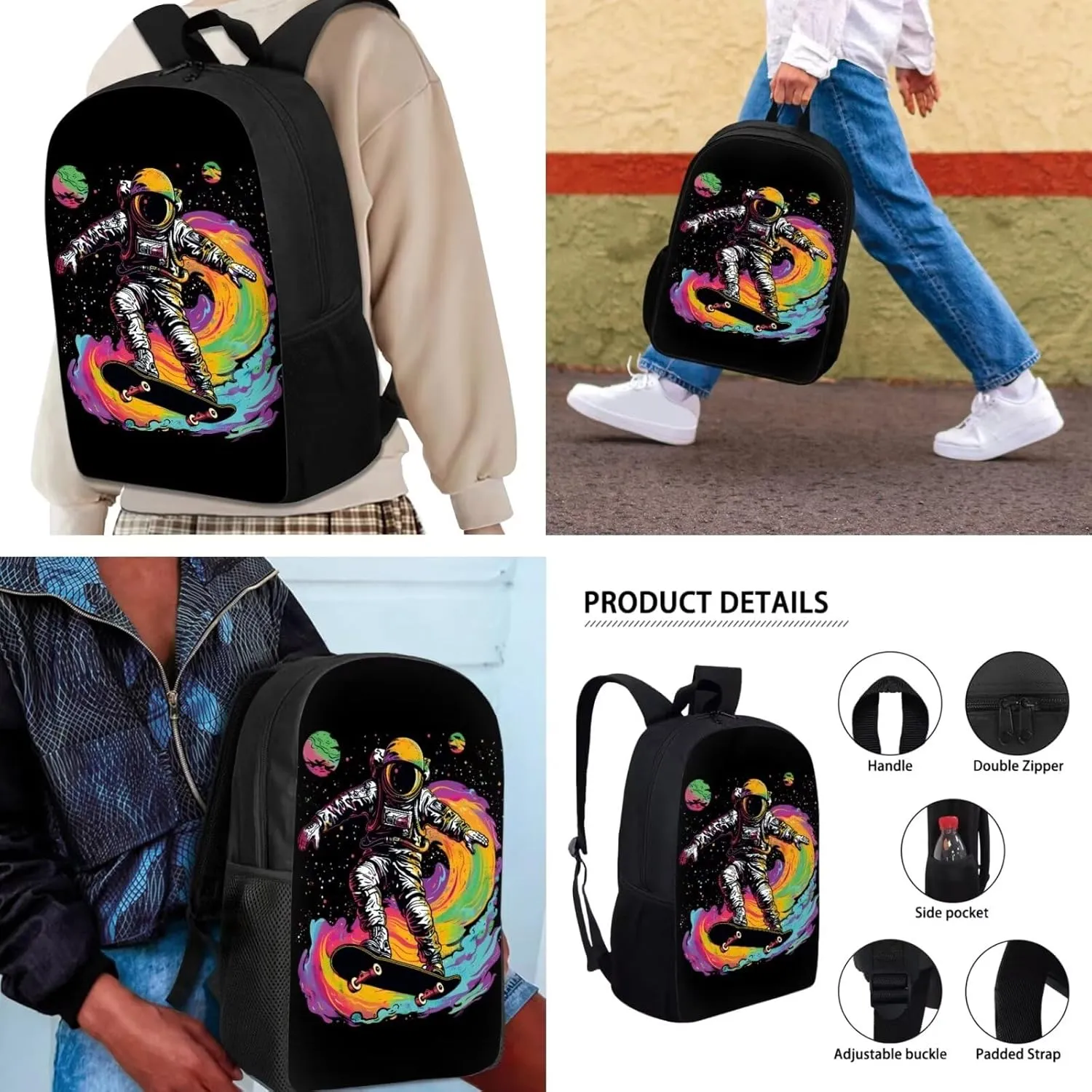 3PCS Travel Backpack Set, Includes Lunch Bag Pencil Case Boys School Backpacks Travel Rucksack Book Bag Big Capacity Shoulder Bag for Girls Teens, Colorful Astronaut