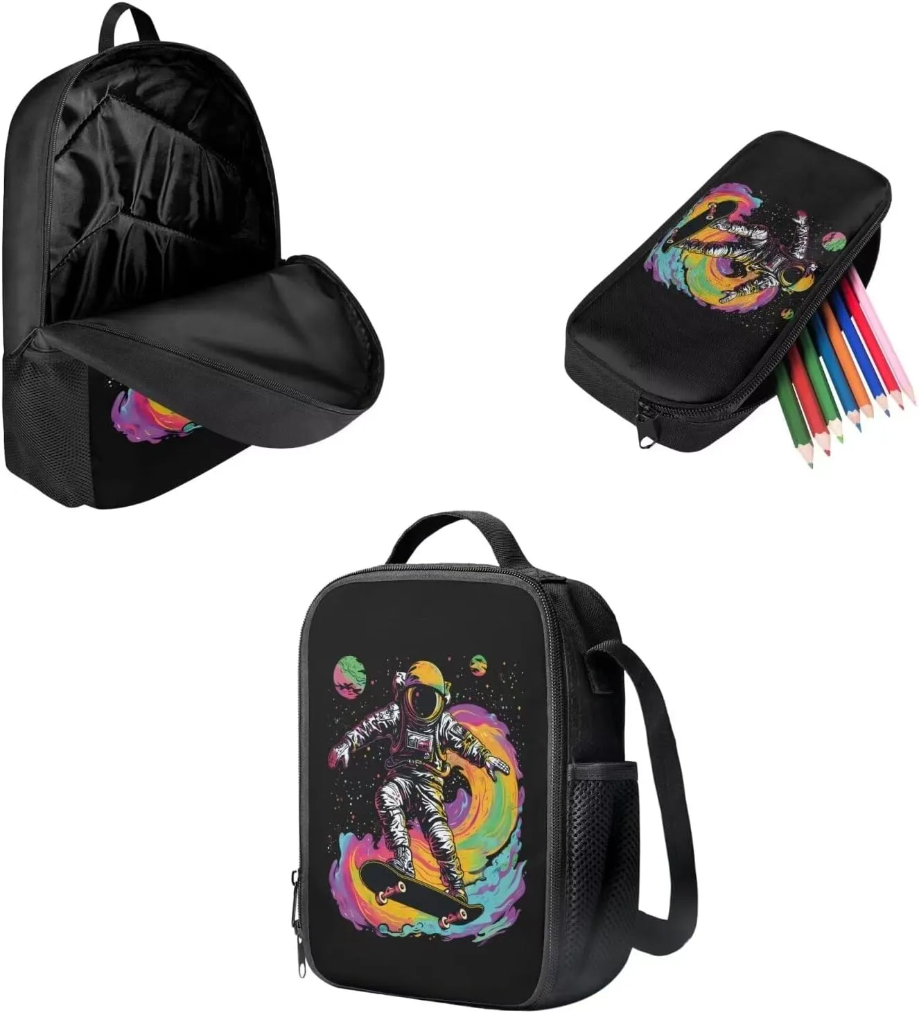 3PCS Travel Backpack Set, Includes Lunch Bag Pencil Case Boys School Backpacks Travel Rucksack Book Bag Big Capacity Shoulder Bag for Girls Teens, Colorful Astronaut