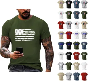 4th of July Shirt for Men Summer American Flag Graphic Printed Crew Neck Short Sleeve Tee Fitted Workout Going Out Top