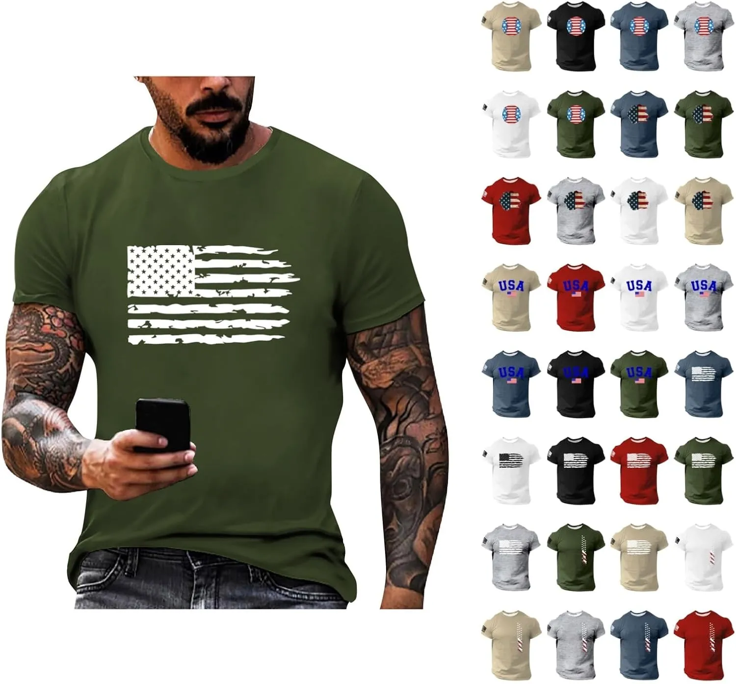 4th of July Shirt for Men Summer American Flag Graphic Printed Crew Neck Short Sleeve Tee Fitted Workout Going Out Top