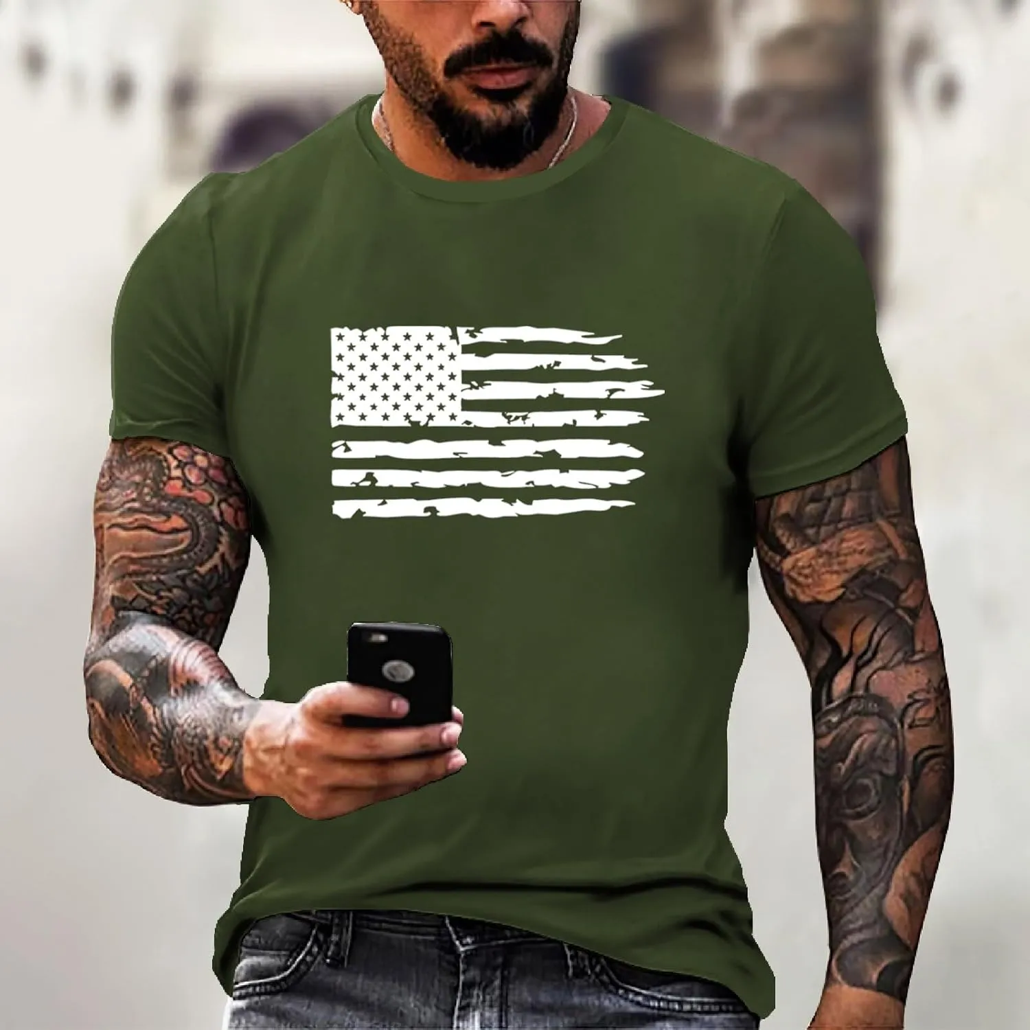4th of July Shirt for Men Summer American Flag Graphic Printed Crew Neck Short Sleeve Tee Fitted Workout Going Out Top