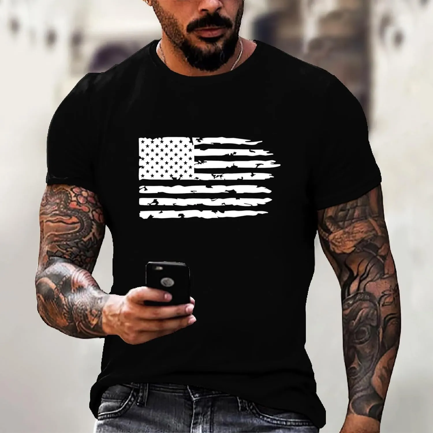 4th of July Shirt for Men Summer American Flag Graphic Printed Crew Neck Short Sleeve Tee Fitted Workout Going Out Top