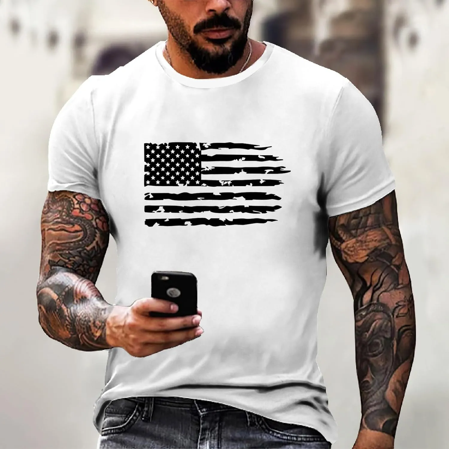 4th of July Shirt for Men Summer American Flag Graphic Printed Crew Neck Short Sleeve Tee Fitted Workout Going Out Top