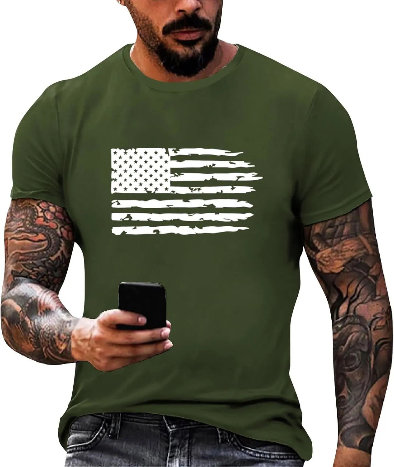 4th of July Shirt for Men Summer American Flag Graphic Printed Crew Neck Short Sleeve Tee Fitted Workout Going Out Top
