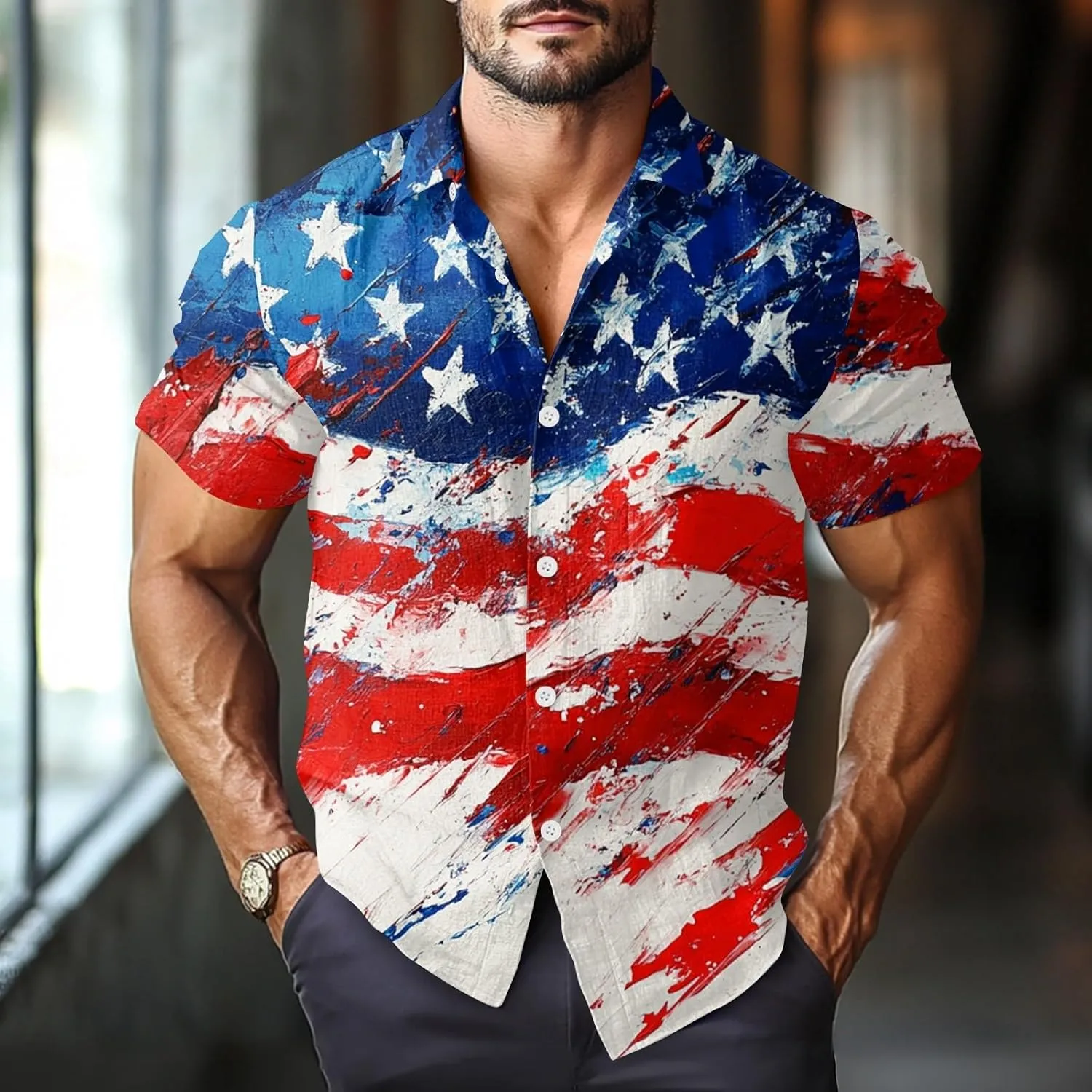 4Th of July Shirts for Men Patriotic Independence Day Short Sleeve Shirts Red White and Blue American Flag Outfits