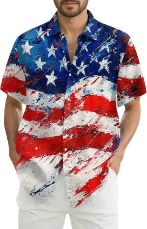 4Th of July Shirts for Men Patriotic Independence Day Short Sleeve Shirts Red White and Blue American Flag Outfits