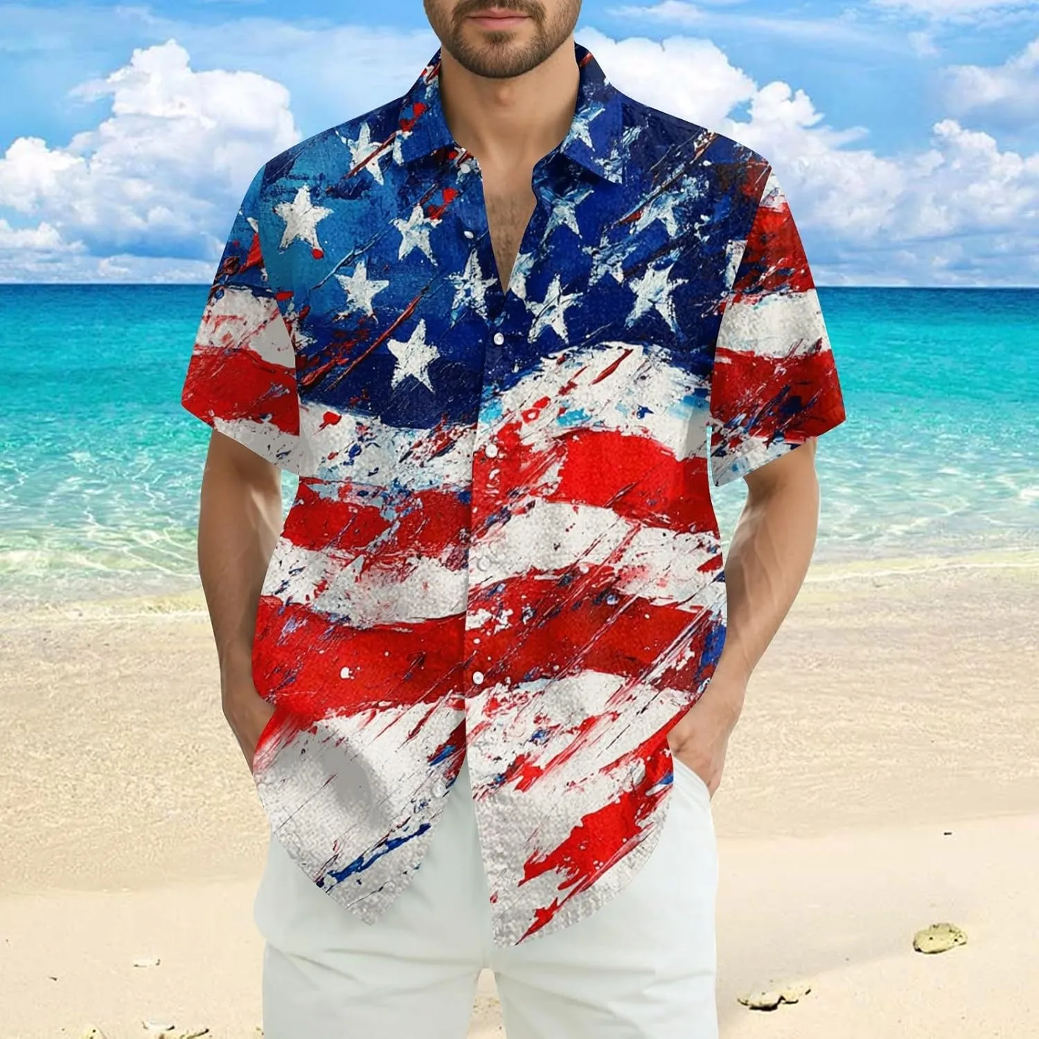 4Th of July Shirts for Men Patriotic Independence Day Short Sleeve Shirts Red White and Blue American Flag Outfits