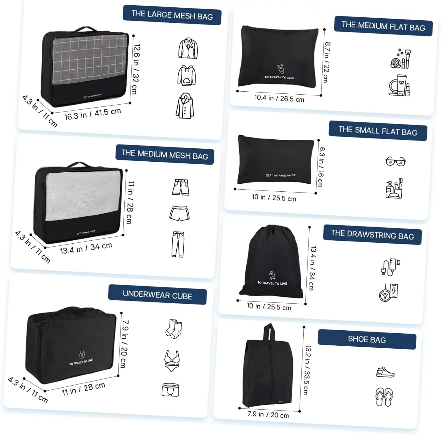7-piece Luggage Packing Cubes Travel Storage Bags Mesh Flat Organizers for Suitcase Compression Packing Bags for Clothing Underwear Shoes
