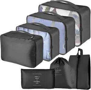 7 Set Packing Cube for Suitcases, Luggage Organizer Bags in Various Color for Travel, Travel Essentials for Clothes Shoes Cosmetics - Black