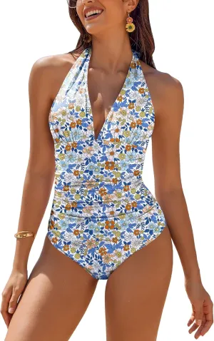 AI'MAGE Women's One Piece Swimsuit Tummy Control Halter Ruched Bathing Suits