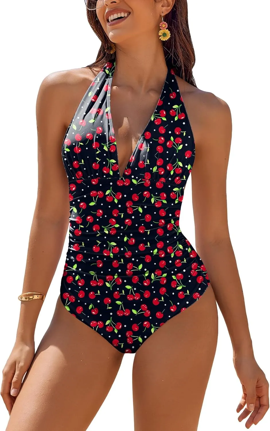 AI'MAGE Women's One Piece Swimsuit Tummy Control Halter Ruched Bathing Suits
