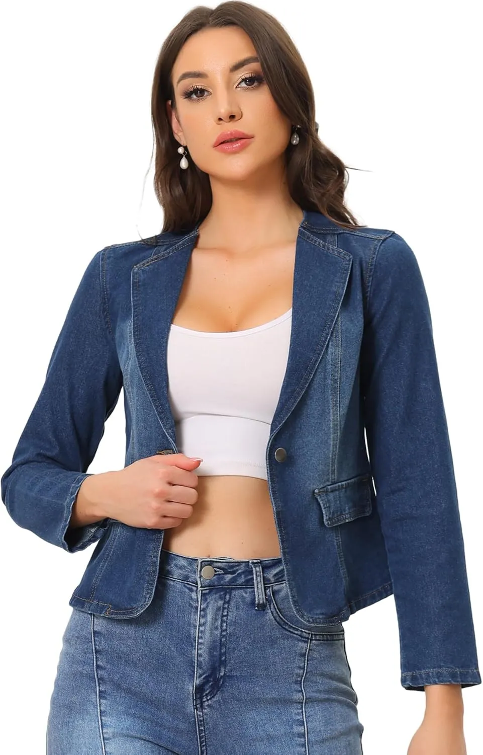 Allegra K Women Cropped Jean Jacket Long Sleeve Lapel Collar One Button Lightweight Stretchy Fitted Denim Shacket Jackets