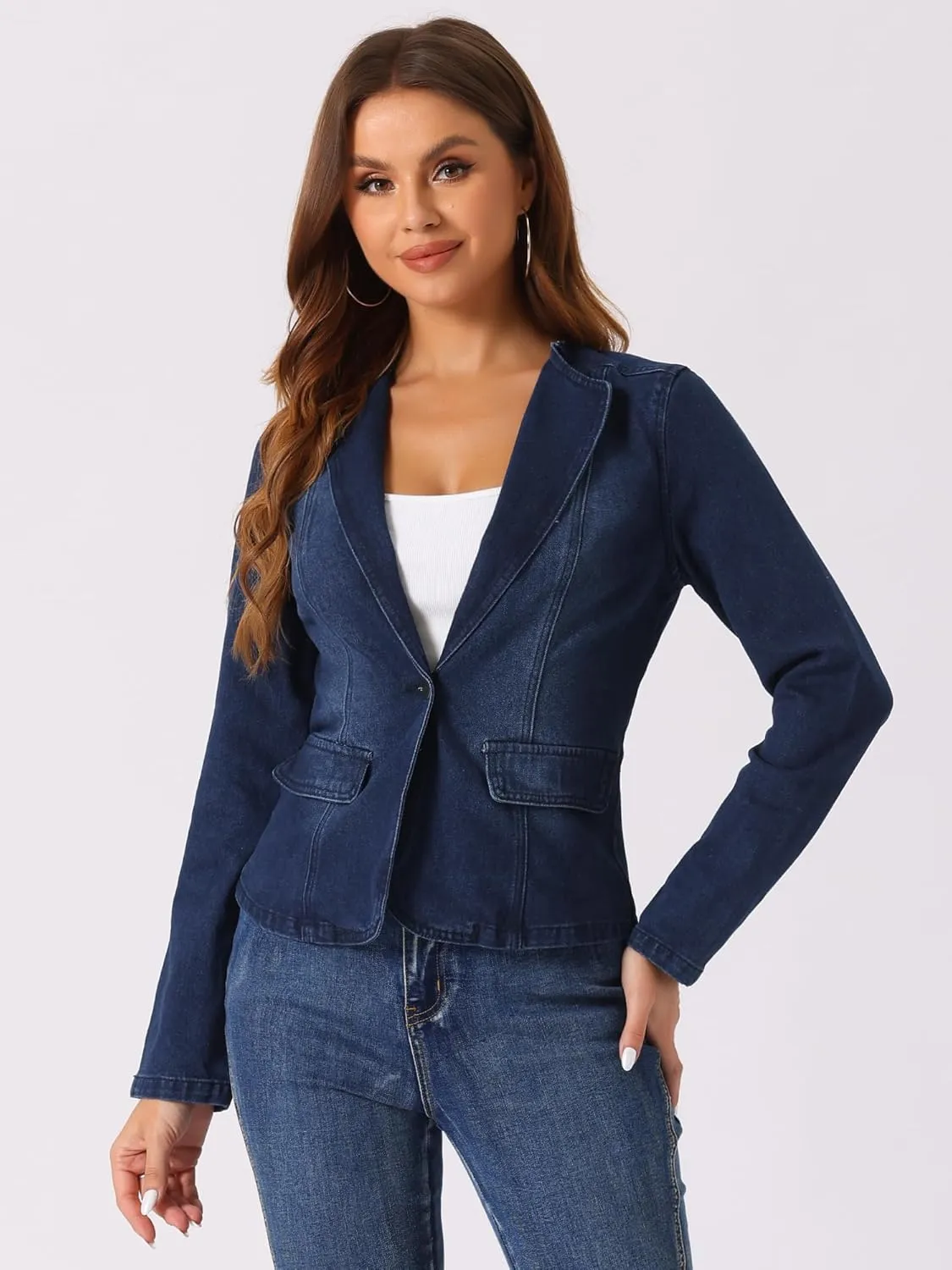 Allegra K Women Cropped Jean Jacket Long Sleeve Lapel Collar One Button Lightweight Stretchy Fitted Denim Shacket Jackets
