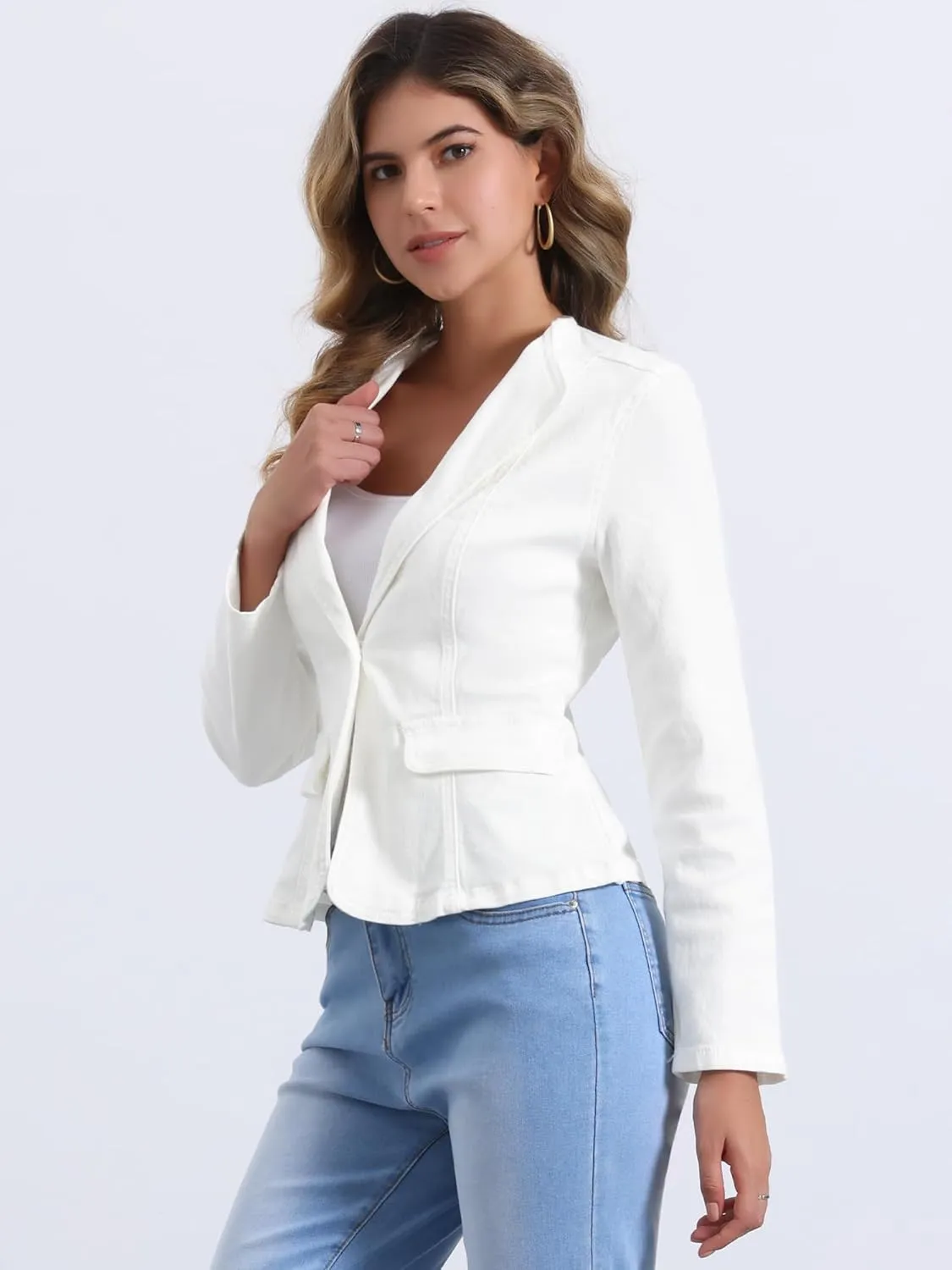 Allegra K Women Cropped Jean Jacket Long Sleeve Lapel Collar One Button Lightweight Stretchy Fitted Denim Shacket Jackets