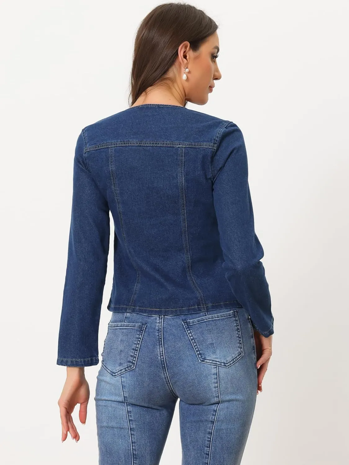 Allegra K Women Cropped Jean Jacket Long Sleeve Lapel Collar One Button Lightweight Stretchy Fitted Denim Shacket Jackets