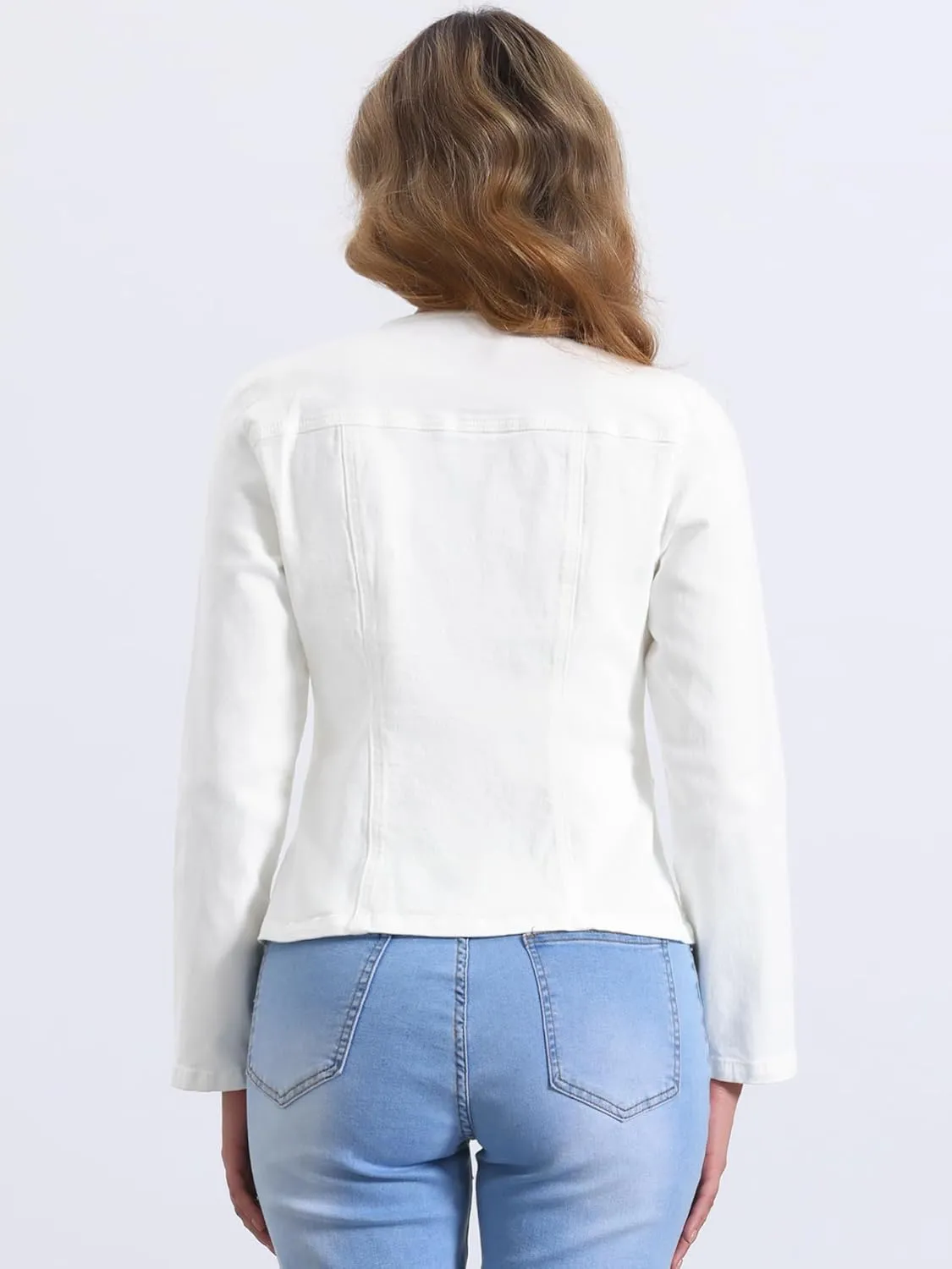 Allegra K Women Cropped Jean Jacket Long Sleeve Lapel Collar One Button Lightweight Stretchy Fitted Denim Shacket Jackets