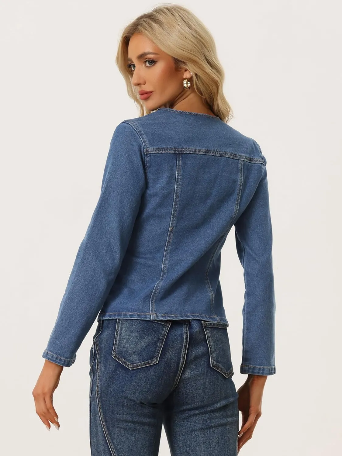 Allegra K Women Cropped Jean Jacket Long Sleeve Lapel Collar One Button Lightweight Stretchy Fitted Denim Shacket Jackets