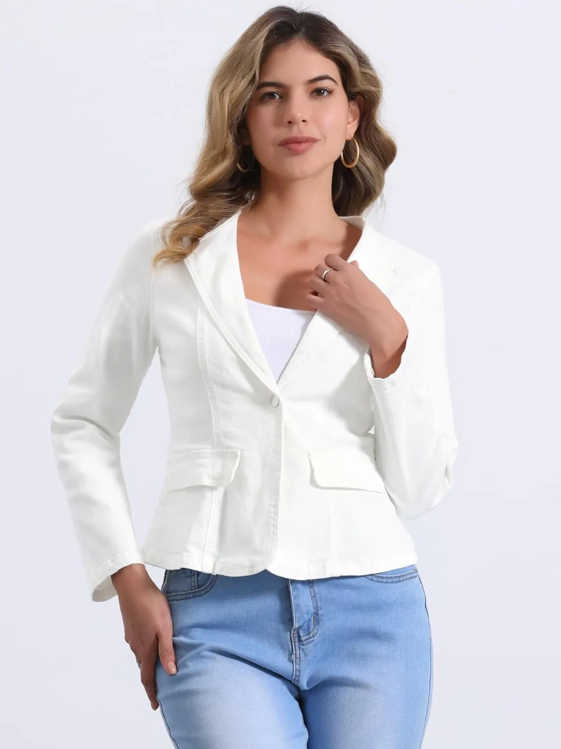 Allegra K Women Cropped Jean Jacket Long Sleeve Lapel Collar One Button Lightweight Stretchy Fitted Denim Shacket Jackets