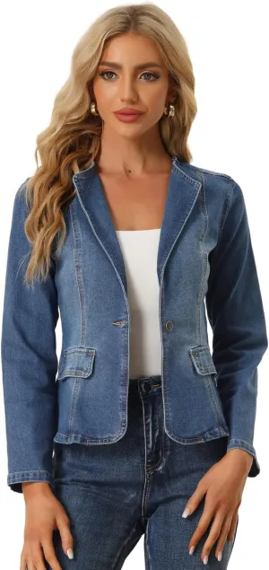 Allegra K Women Cropped Jean Jacket Long Sleeve Lapel Collar One Button Lightweight Stretchy Fitted Denim Shacket Jackets