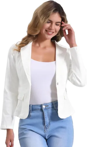 Allegra K Women Cropped Jean Jacket Long Sleeve Lapel Collar One Button Lightweight Stretchy Fitted Denim Shacket Jackets