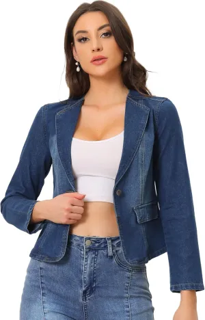 Allegra K Women Cropped Jean Jacket Long Sleeve Lapel Collar One Button Lightweight Stretchy Fitted Denim Shacket Jackets