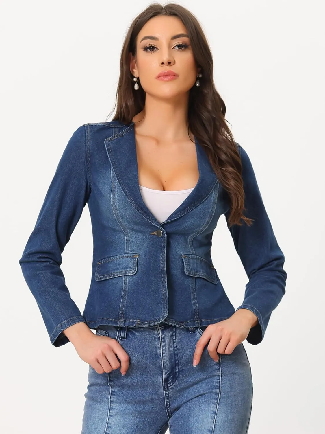 Allegra K Women Cropped Jean Jacket Long Sleeve Lapel Collar One Button Lightweight Stretchy Fitted Denim Shacket Jackets