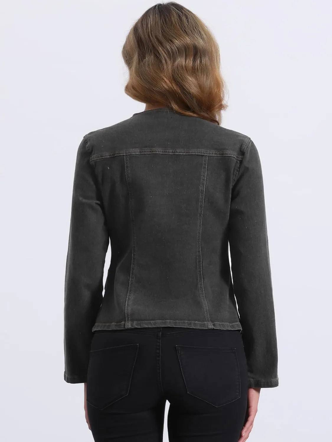 Allegra K Women Cropped Jean Jacket Long Sleeve Lapel Collar One Button Lightweight Stretchy Fitted Denim Shacket Jackets