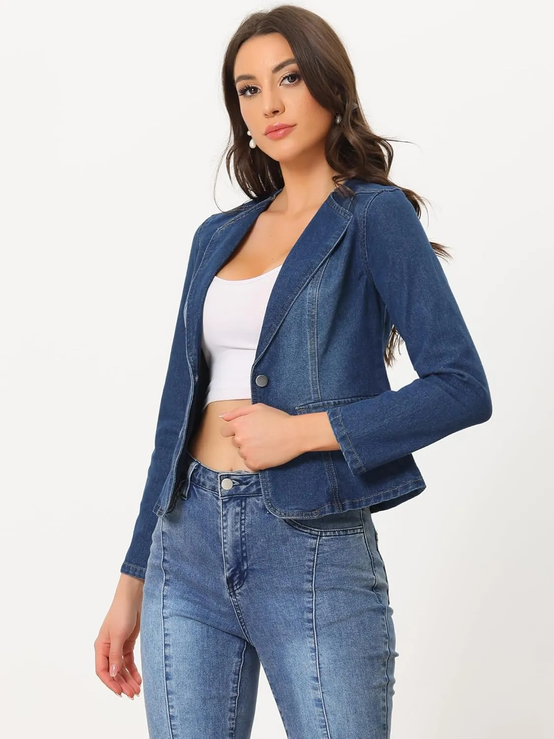 Allegra K Women Cropped Jean Jacket Long Sleeve Lapel Collar One Button Lightweight Stretchy Fitted Denim Shacket Jackets
