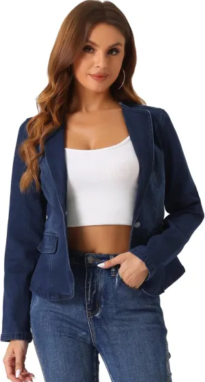 Allegra K Women Cropped Jean Jacket Long Sleeve Lapel Collar One Button Lightweight Stretchy Fitted Denim Shacket Jackets