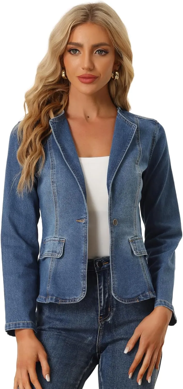 Allegra K Women Cropped Jean Jacket Long Sleeve Lapel Collar One Button Lightweight Stretchy Fitted Denim Shacket Jackets