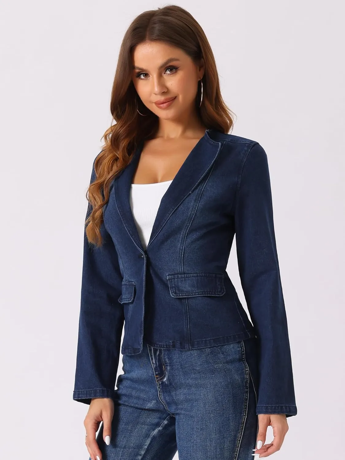 Allegra K Women Cropped Jean Jacket Long Sleeve Lapel Collar One Button Lightweight Stretchy Fitted Denim Shacket Jackets