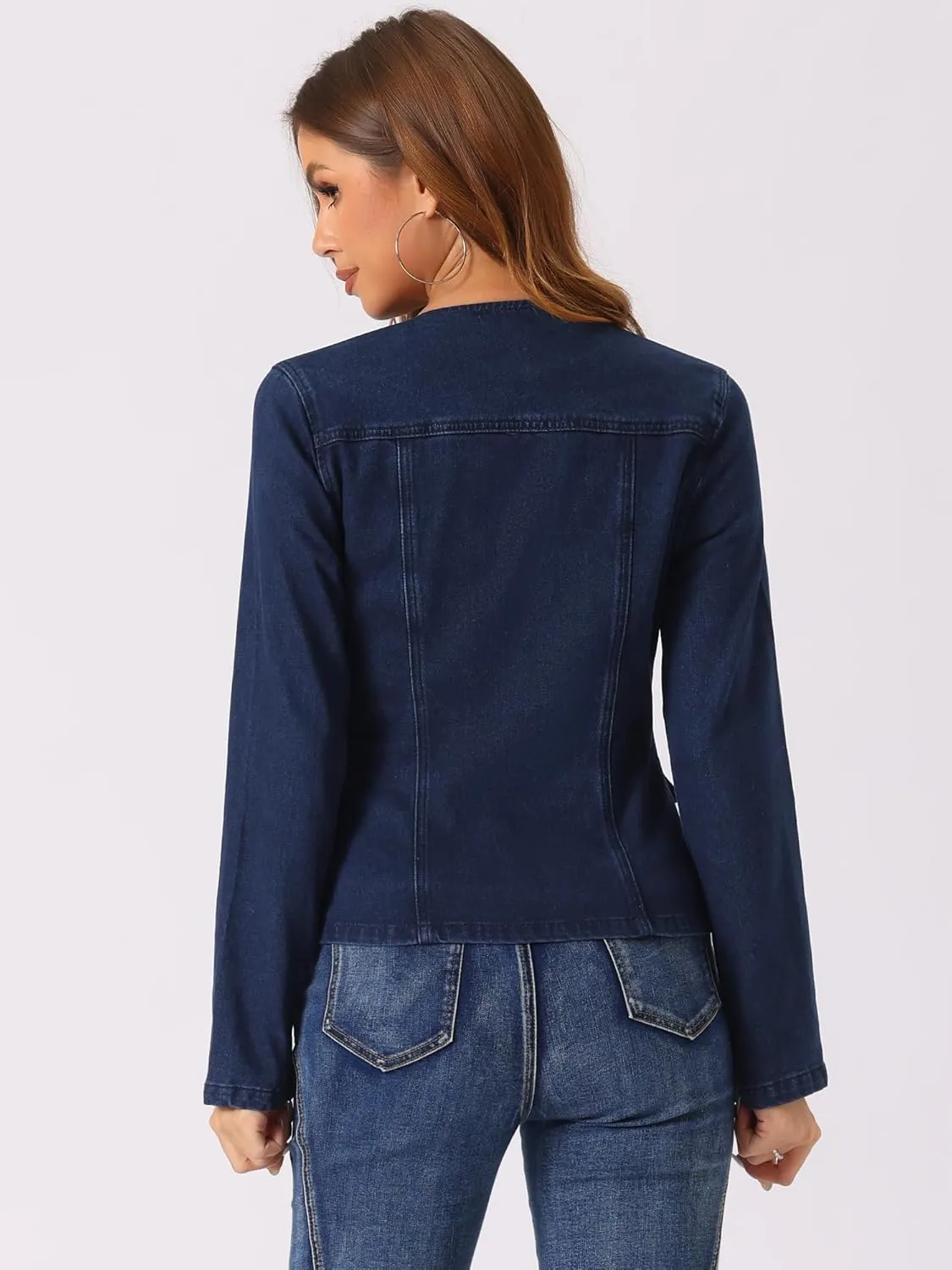 Allegra K Women Cropped Jean Jacket Long Sleeve Lapel Collar One Button Lightweight Stretchy Fitted Denim Shacket Jackets