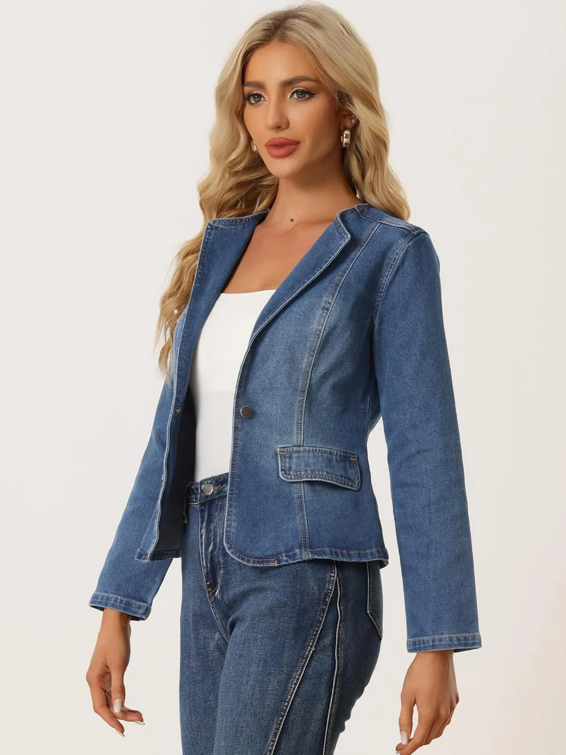 Allegra K Women Cropped Jean Jacket Long Sleeve Lapel Collar One Button Lightweight Stretchy Fitted Denim Shacket Jackets