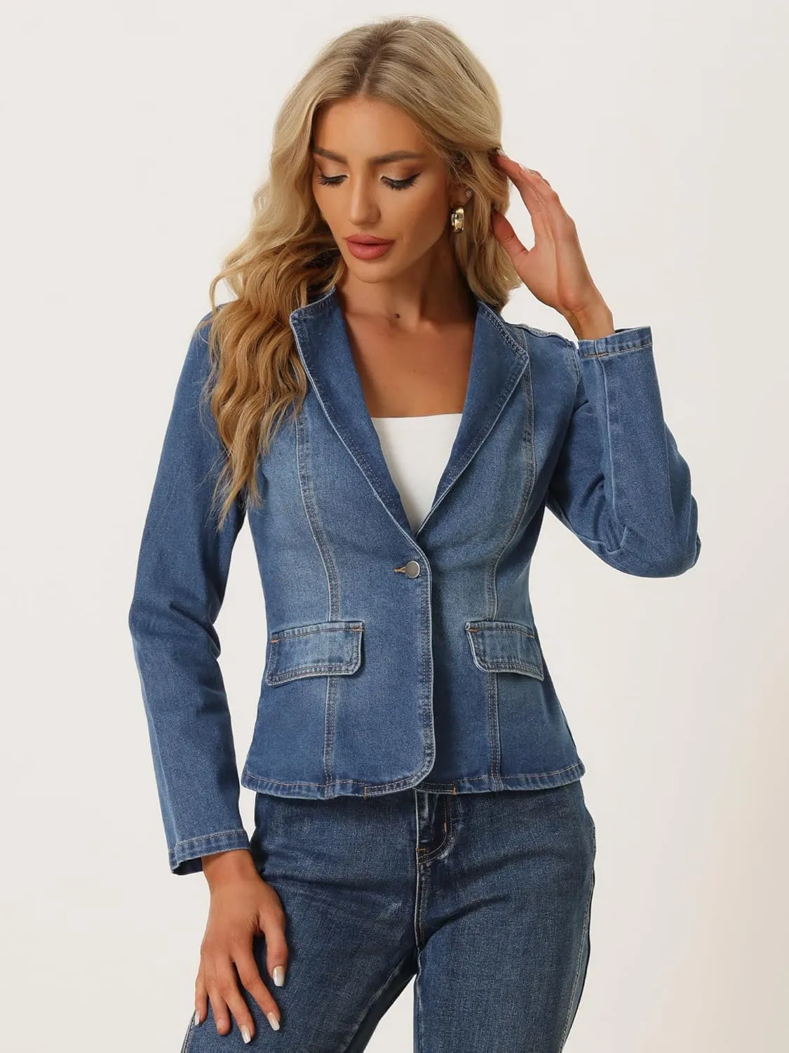 Allegra K Women Cropped Jean Jacket Long Sleeve Lapel Collar One Button Lightweight Stretchy Fitted Denim Shacket Jackets